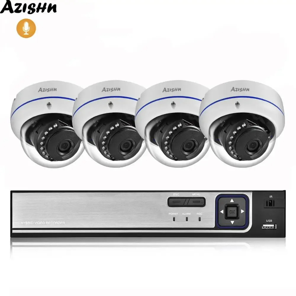 System Azishn H.265 4CH 5MP Security System 5MP 3MP 2MP 2MP Audio Record IP CAM IR Night Vision CCTV Комплект видеонаблюдения