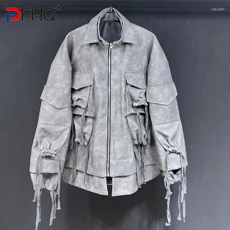 Jackets masculinos Pfhq Loose American Motorcycle Zippers Handsome Pu String Projeto Personalidade Stand Collar Tide Coat Autumn 21z4257