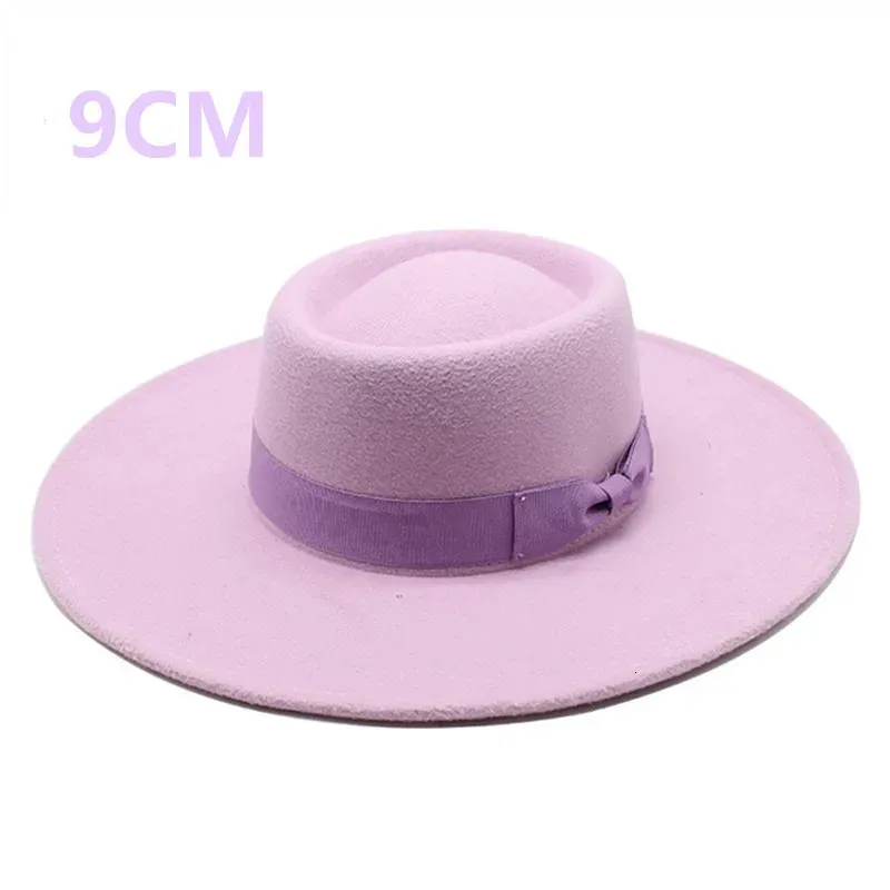 9cm wide brim bowknot bowler hat ladies elegant retro style British woolen jazz autumn and winter solid color Panama 240417