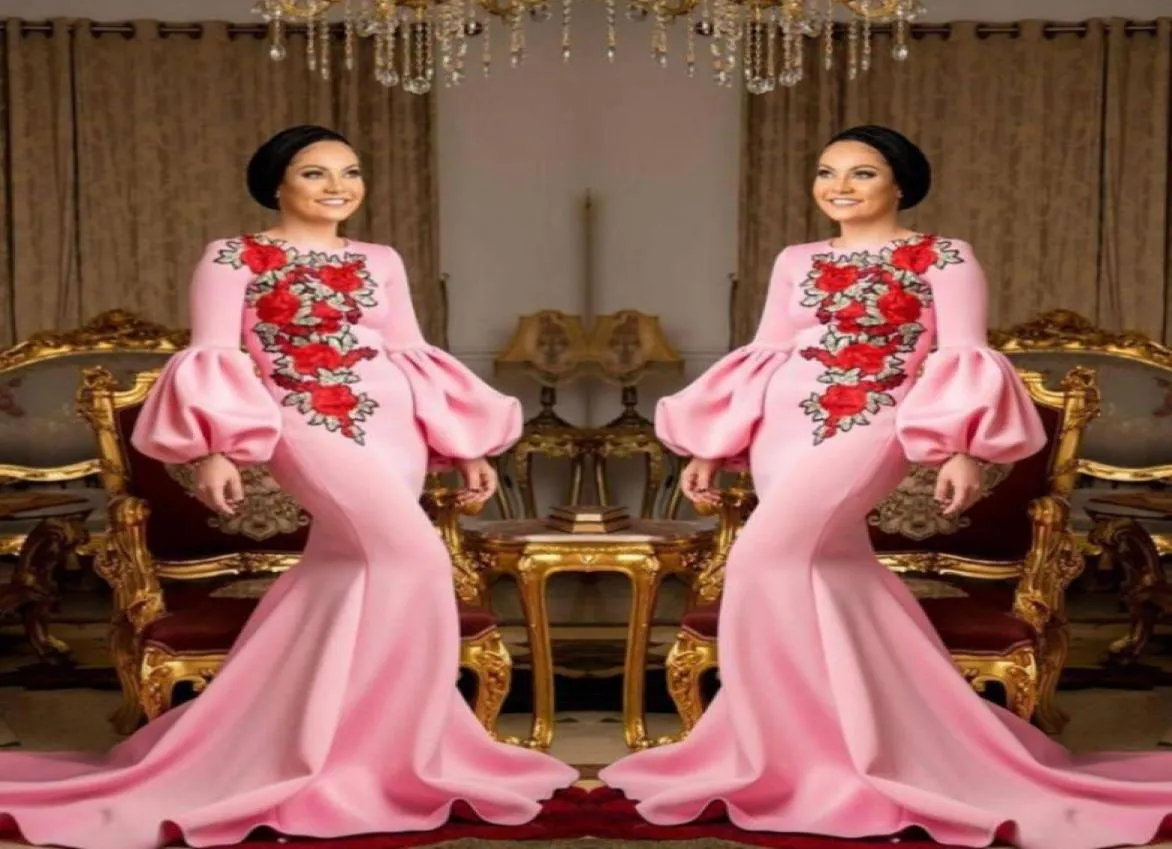 Vestidos de baile rosa de árabe saudita 2018 Flores de bordados Cetina Mermaid Vestidos de noite Mangas de trompete Swee Women Women Formal Party 4327825