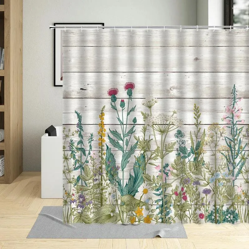 Duschvorhänge Pflanzen Serie Vorhang Frühlingsblumendruck Badezimmer Dekor wasserdichte Stoff für Wohnzimmer mit Haken hängen