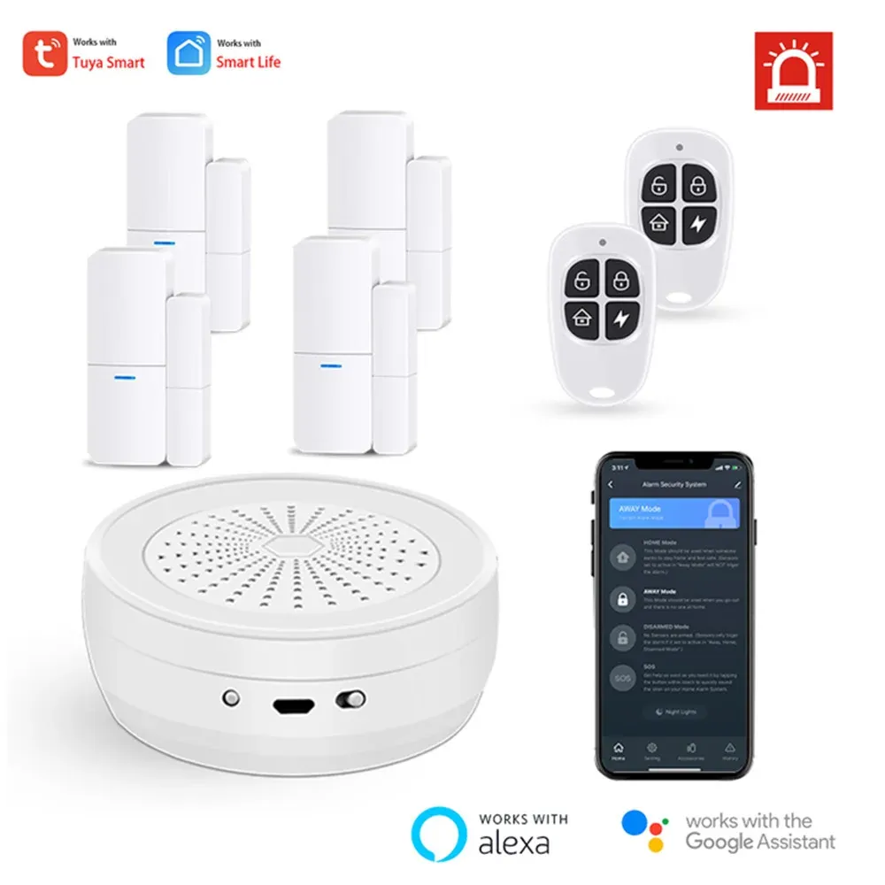 Kits Tuya Smart WiFi RF Hub Door Adjustable Siren Alarm System Alexa Google Arm/Disarm SOS Away Stay Four Mode Systetem APP Control