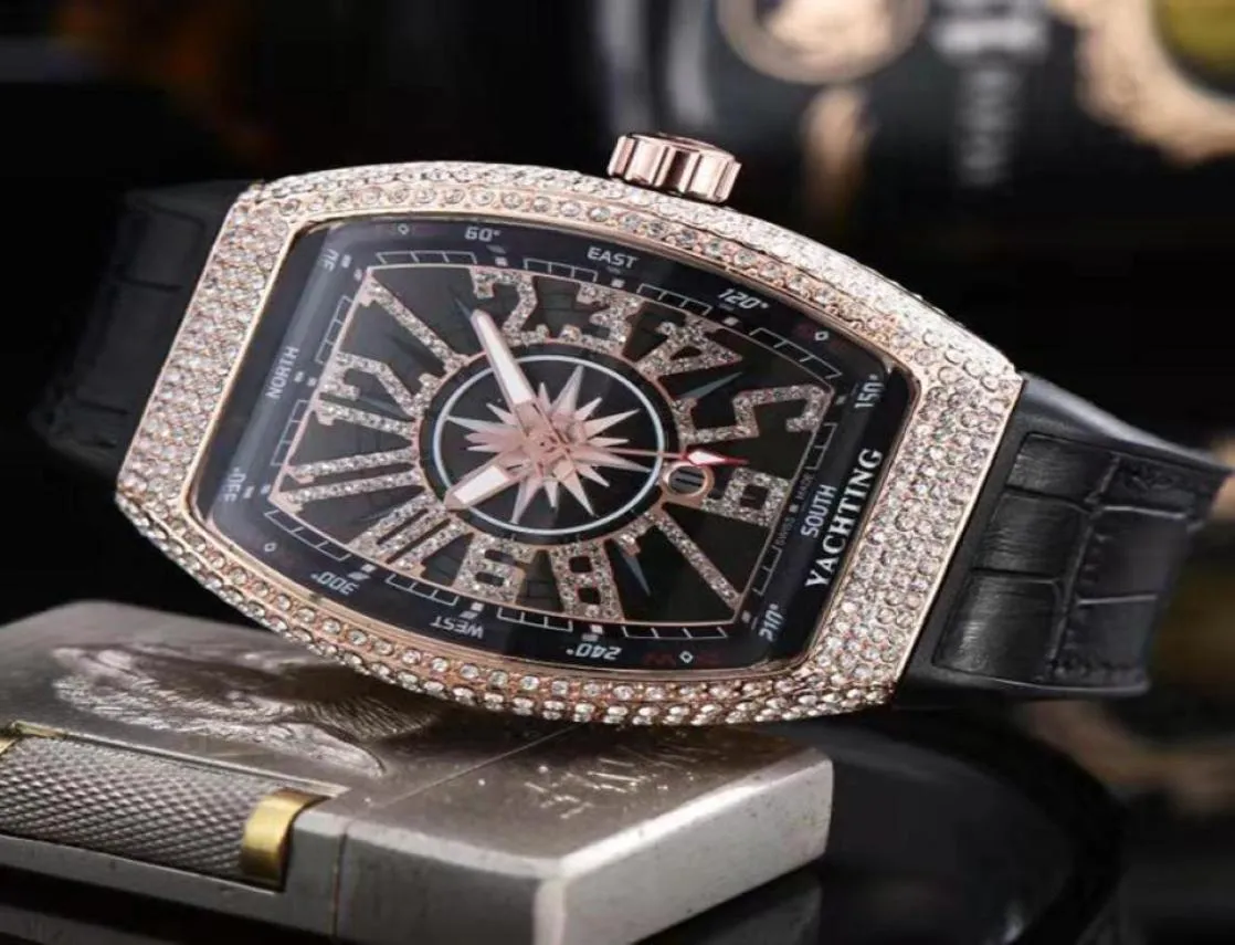 Luksusowe zegarki dla mężczyzn Designer Kwarc Watch Vanguard All Diamond Case Wysokiej jakości zegarek skórzany pasek lodowane zegarki Montre de2778765