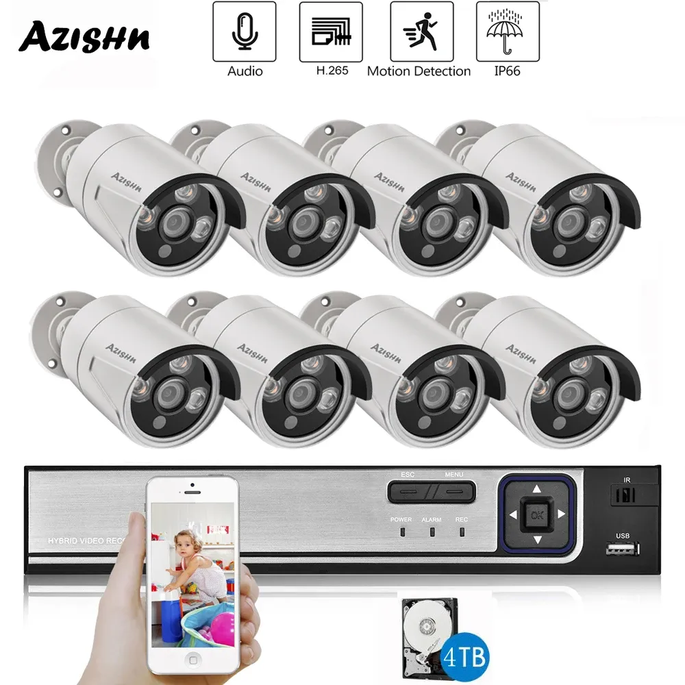 Système Azishn 8Channels 3MP PoE Video Security System H.265 + NVR avec caméra IP imperméable en plein air intégrée dans le kit de vidéosurpation en microphone