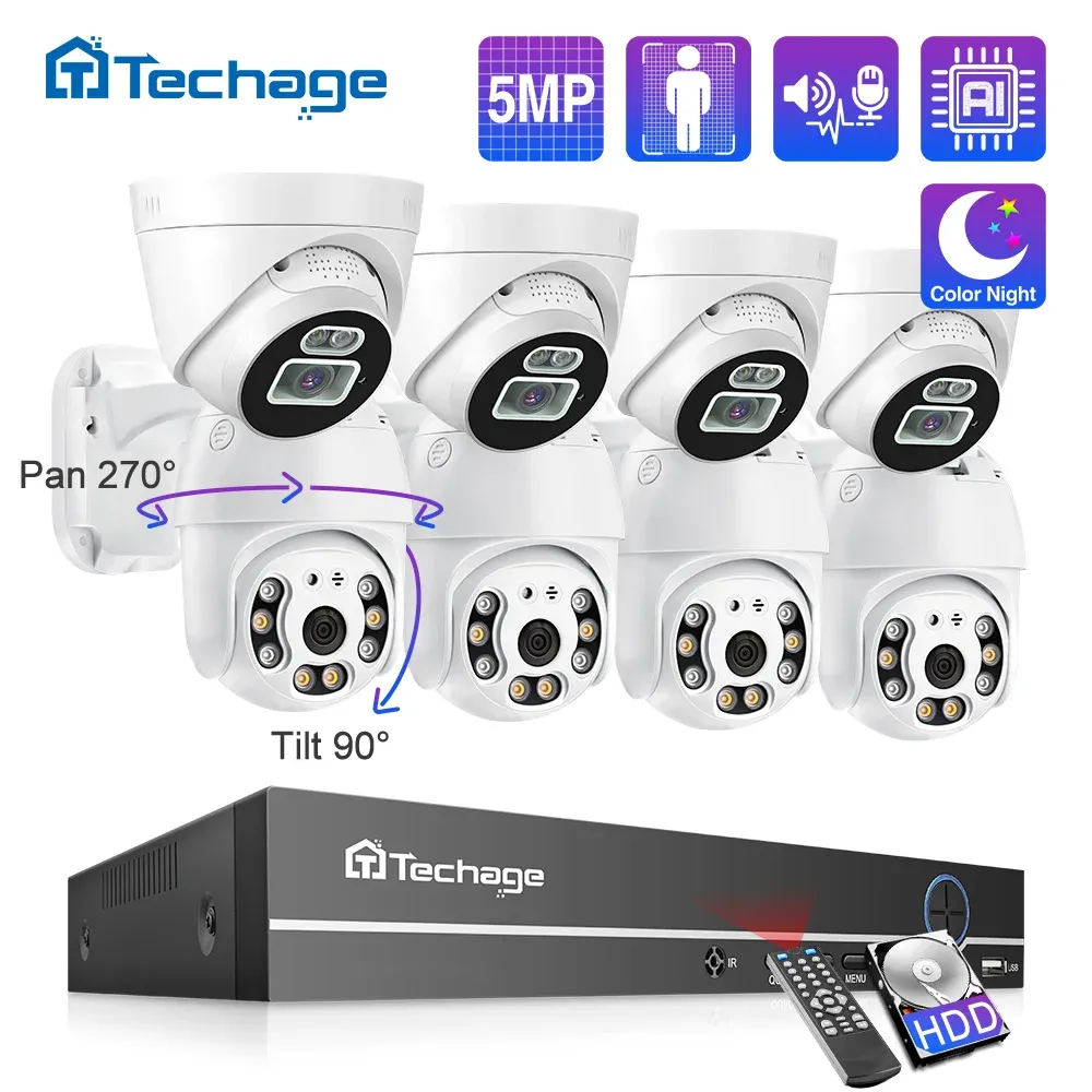 Système Techage 8CH 5MP VIDEO VIDEO Sécurité Caméra Caméra Poe NVR Kit Face Detect Dome Indoor Two Way Recorder Couleur de l'enregistreur audio