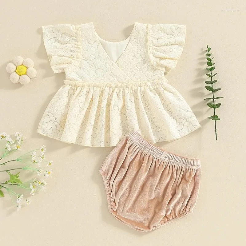 Zestawy odzieży Baby Girl 2 -częściowe letnie stroje okrągły rękaw w rękawie szkiełkowane koronkowe blaty kwiatowe elastyczne talii szorty