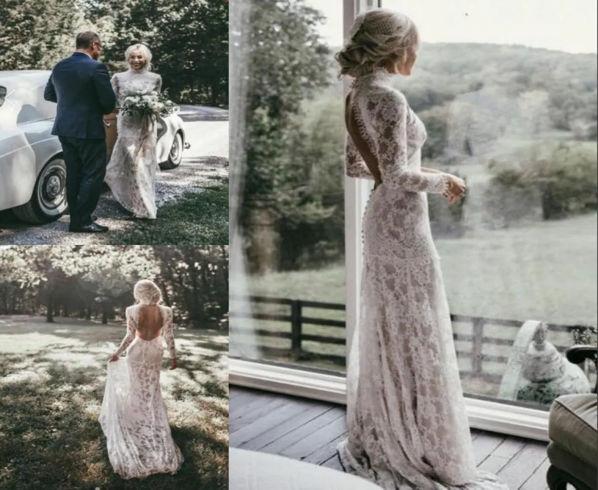 Boho Mermaid Full Lace Wedding Dresses High Neck långa ärmar Chic Backless Bridal Dress 2018 Plus Size Sexy Country Beach Wedding994805