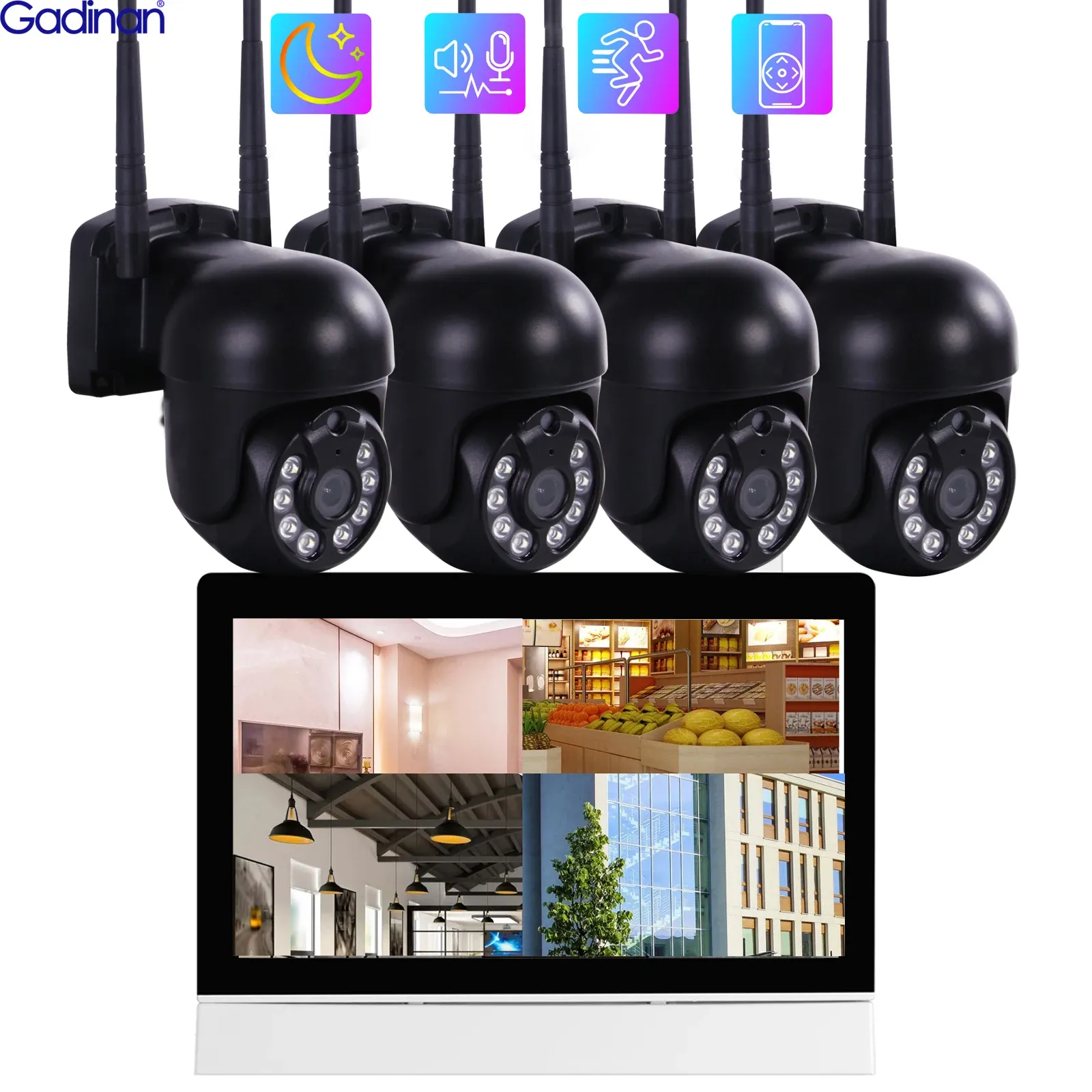 System Gadinan 3MP 4CH Wireless Security System 7inch LCD Screen NVR External WIFI PTZ IP Cam Two Way Audio CCTV Video Surveillance Set