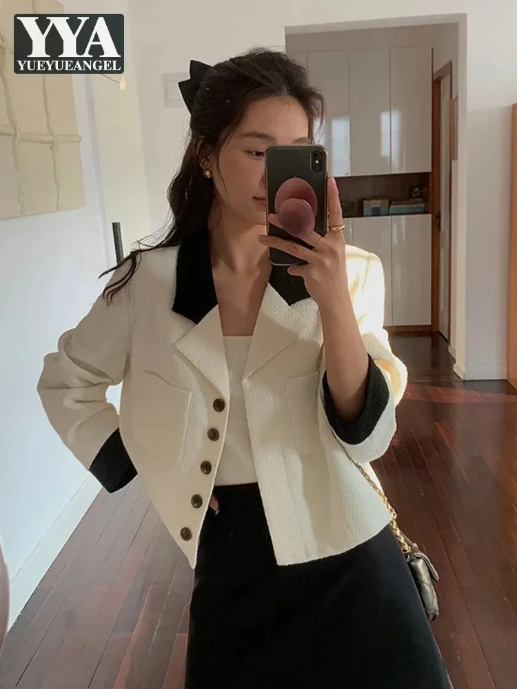 Black White Fashion Style French Ladies Tweed Sone Jacket Spring Mixed Colled Lapela Manga Longa Casa Curta Mulheres Vestia de Varredura 240401