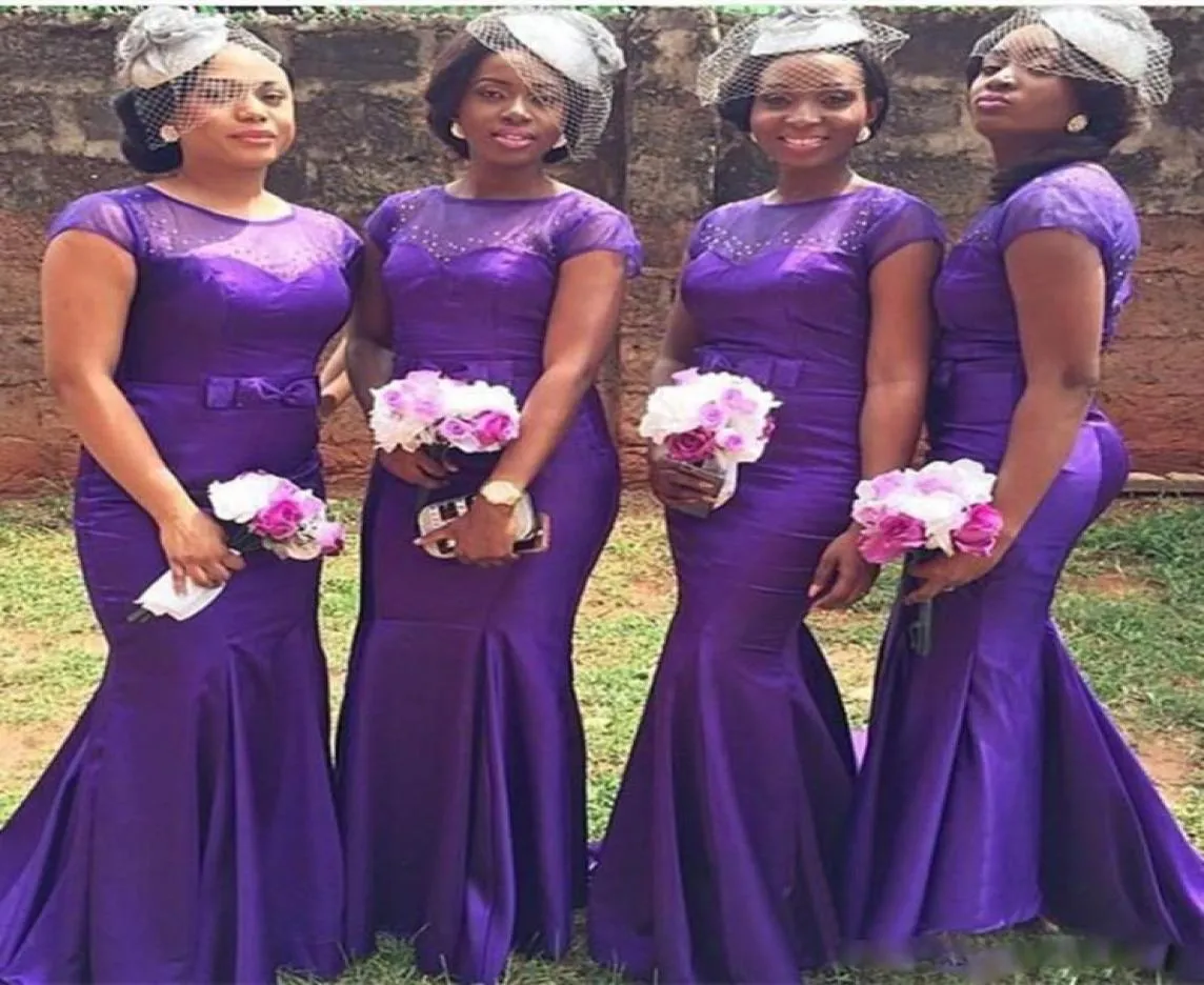 2017 South African Long Mermaid Purple Bridesmaid Dresses Fahsion Short Sleeve Beaded Bow Satin Floor Length Party Gowns Nigeria C6060149