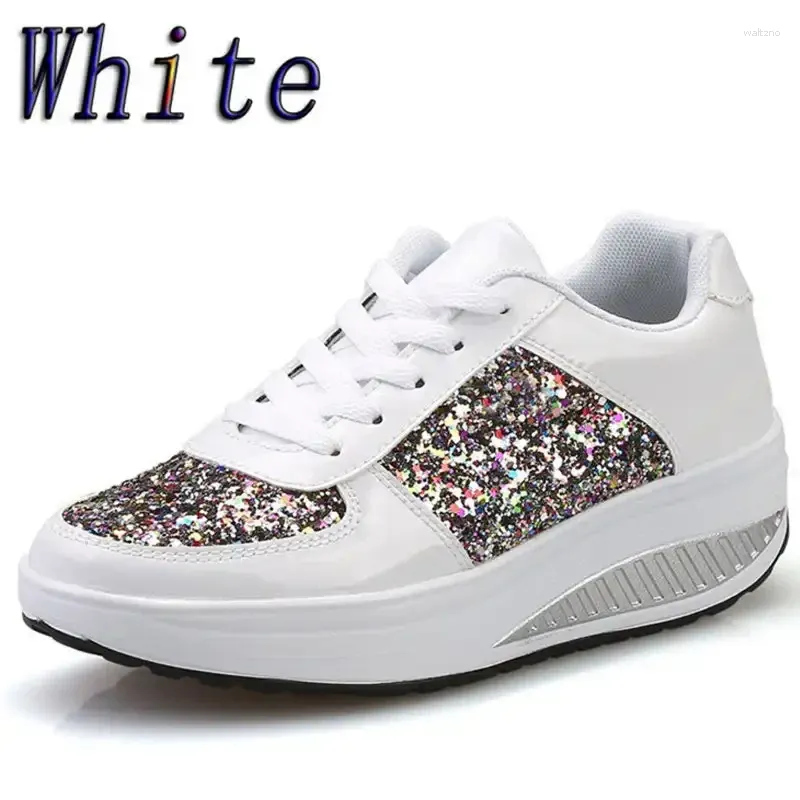 Klänningskor kvinnors glitter paljetter plattform kil sneakers mode snörning non slip sports casual promenad låg topp