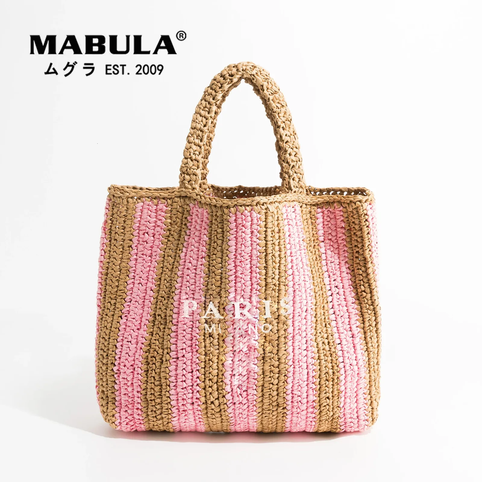 MABULA Fashion Striped Women Straw Bags Handwoven Summer Beach Female Casual Top Handle Handbag Luxury Design Shoulder Bag 240320