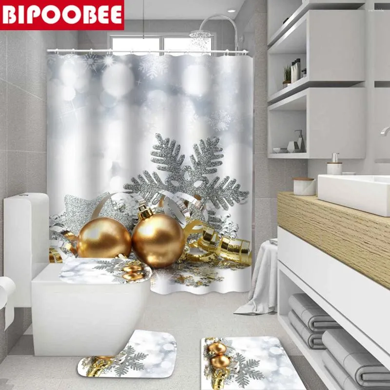 Courteaux de douche Joyeux Noël salle de bain Golden Bell Snowflake Festival Decor Toilet Coud Cover Mat Bath Tapis sans glissement