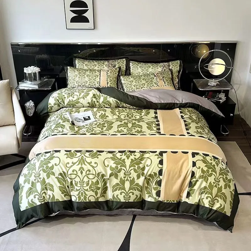 bedding sets Designer Spring and summer new washing silk digital printed four-piece set of Nordic light luxury ice silk quilt cover silky smooth naked sleeping y