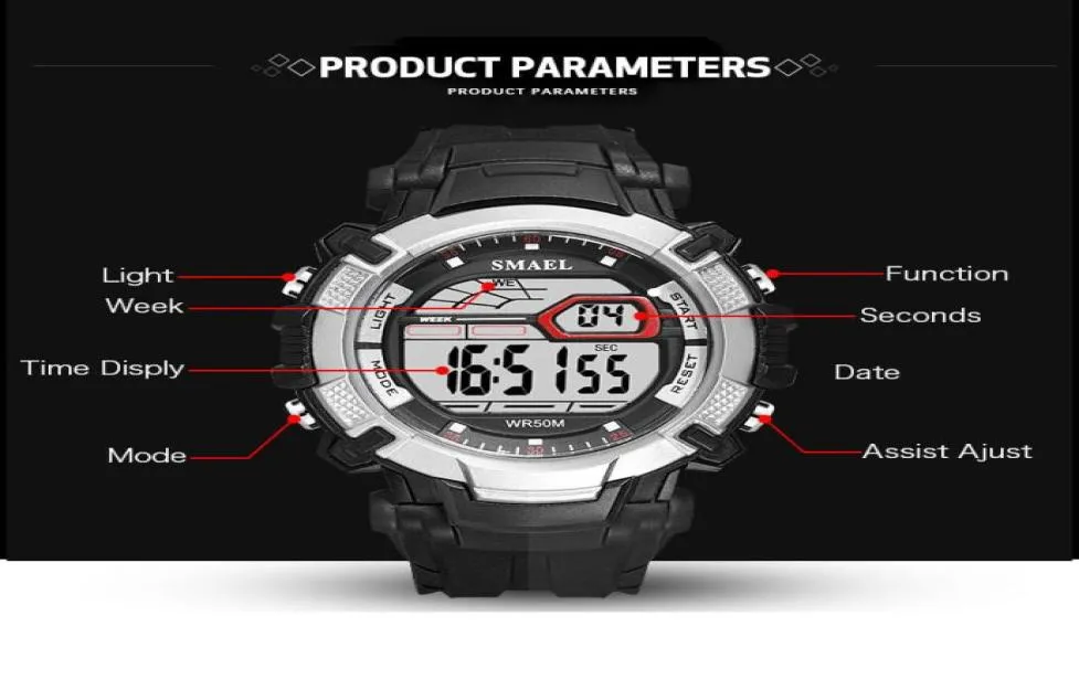 SMAEL MENS LED Relógios Digital Clock Alarm à prova d'água LED Sport Male Relógio Relógios de pulso 1620 Top Brand Luxury Sports Watches Men3662704