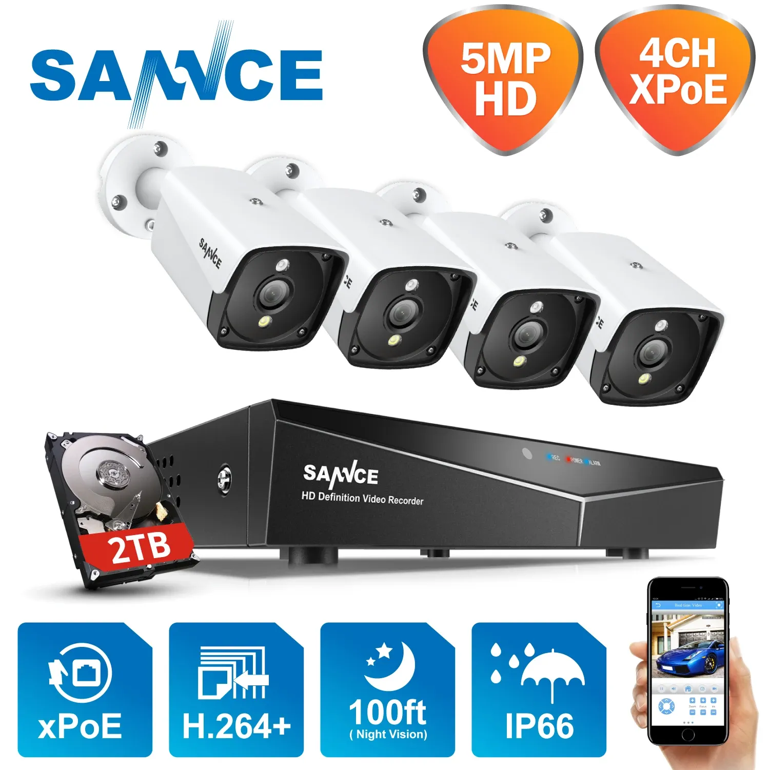 System SANNCE 4CH 5MPネットワークXPOE NVRキットCCTVセキュリティシステム5.0MP IPカメラ屋外IRナイトビジョン監視カメラシステム