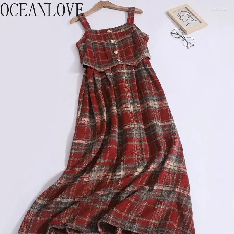 Vestidos casuales Oceanlove a cuadros lana para mujeres otoño invierno dulce a-línea vestidos mujer moda coreana vintage elegante vestido largo