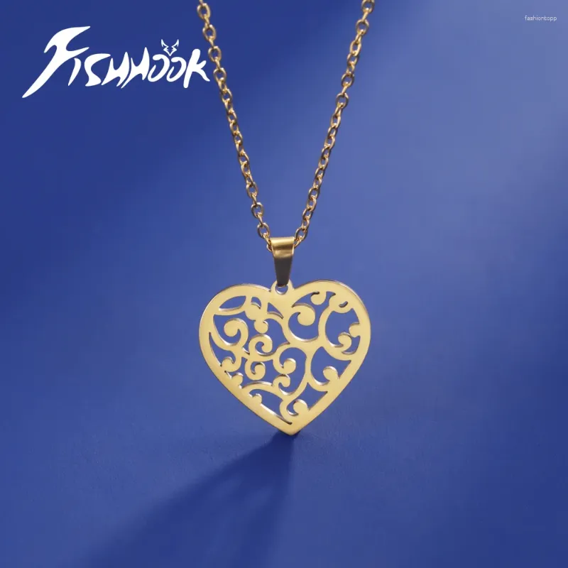 Pendant Necklaces Fishhook Heart Necklace Filigree Chain Supernatural Amulet Gift For Woman Man Gold Color Stainless Steel Hollow Jewelry