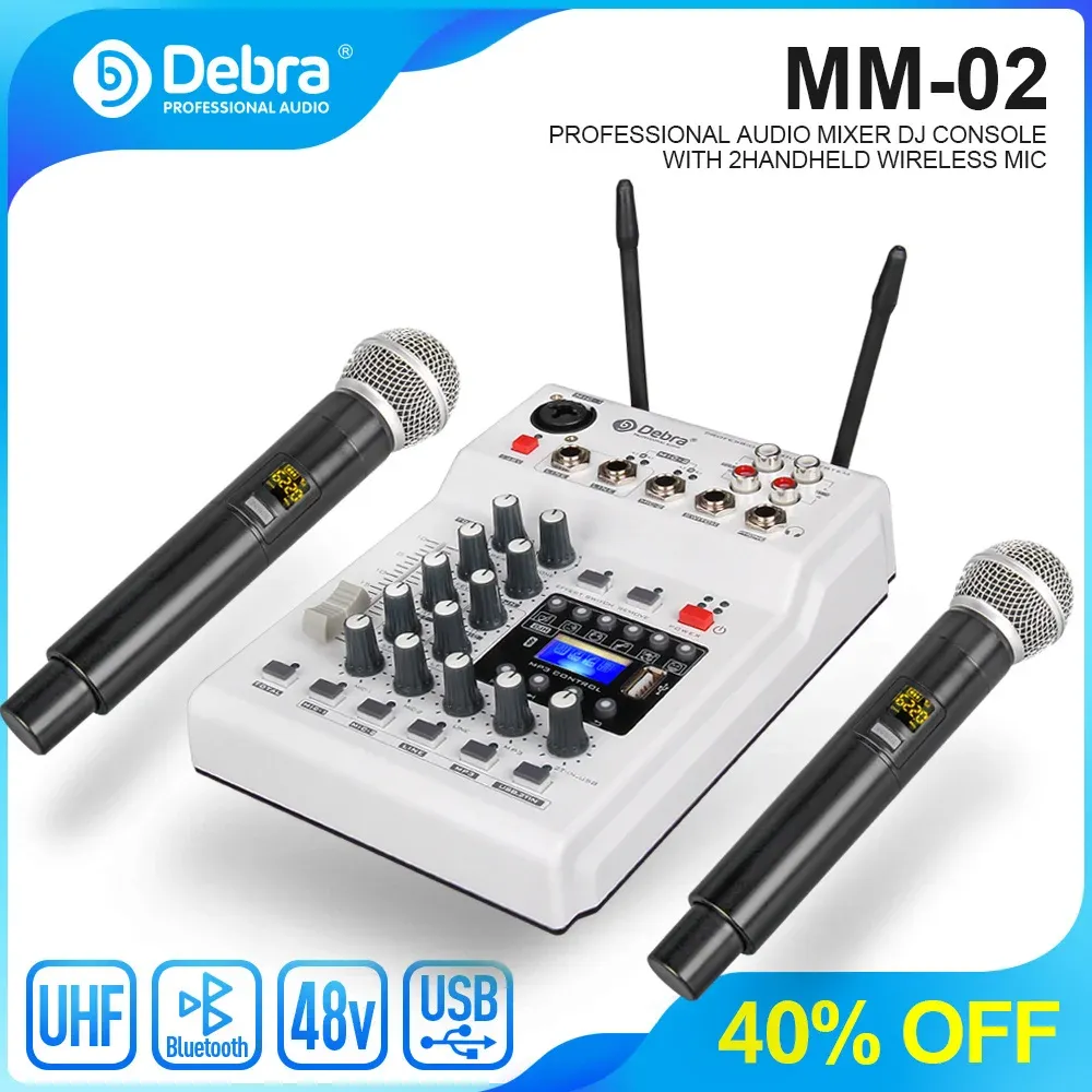 Microfoni MM02 DJ Console Mixer SoundCard con microfono wireless UHF a 2 canali per lo streaming live di smartphone di registrazione in studio.