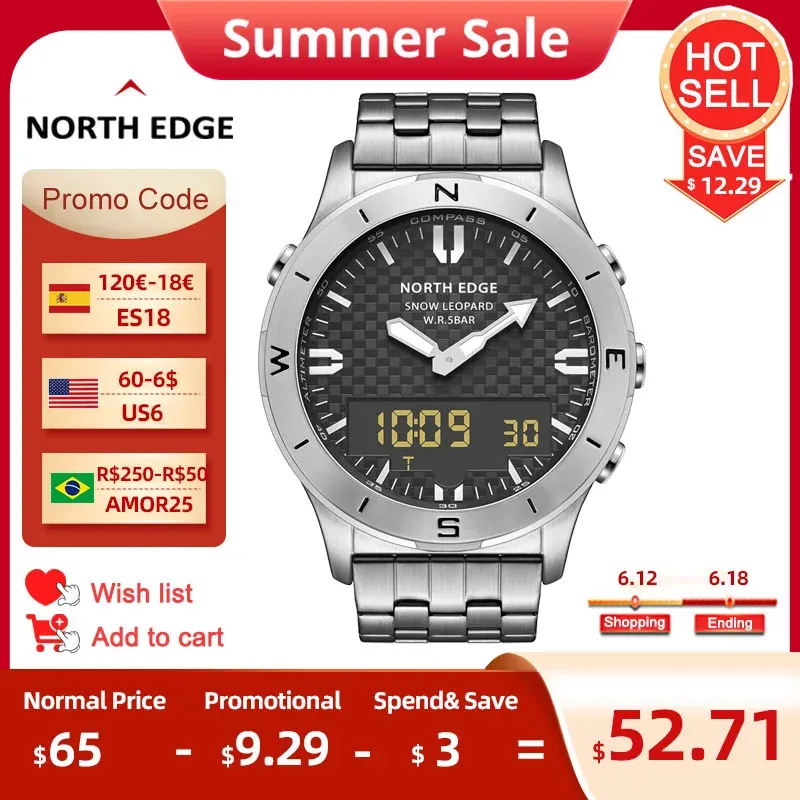 Zegarki North Edge Cyfrowe zegarki sportowe dla mężczyzn dla mężczyzn Waterproof 50 m altimeter barometrowy Compass Luminous Clock