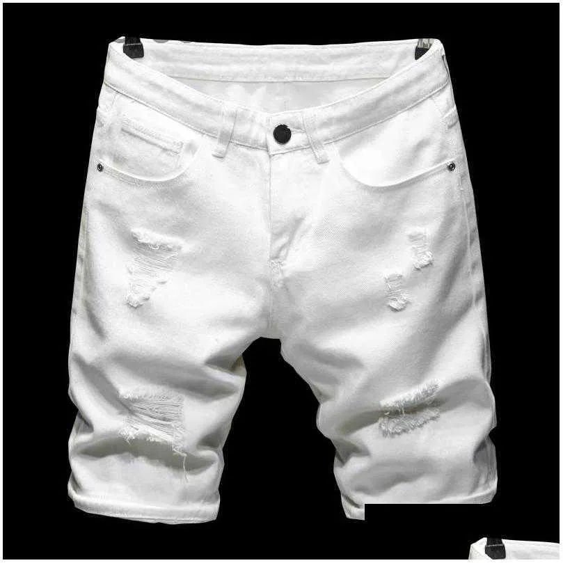 Mens Jeans Summer Pure White Black Lightweight Ripped Denim Shorts Classic Brand Clothing Young Mens Slim Stis Casual Drop Deli Dhlfq 2zre