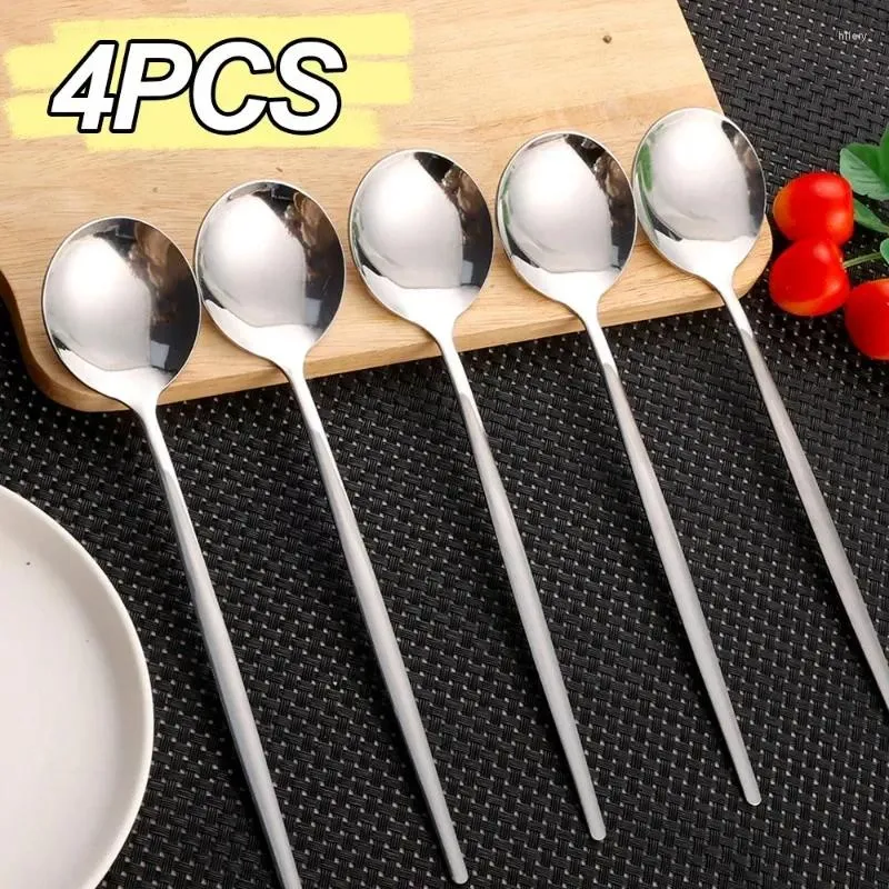 Coffee Scoops 1/4PCS Stainless Steel Spoons Long Handle Stirring Spoon Ice Cream Dessert Cutlery Round Teaspoon Kitchen Accessories