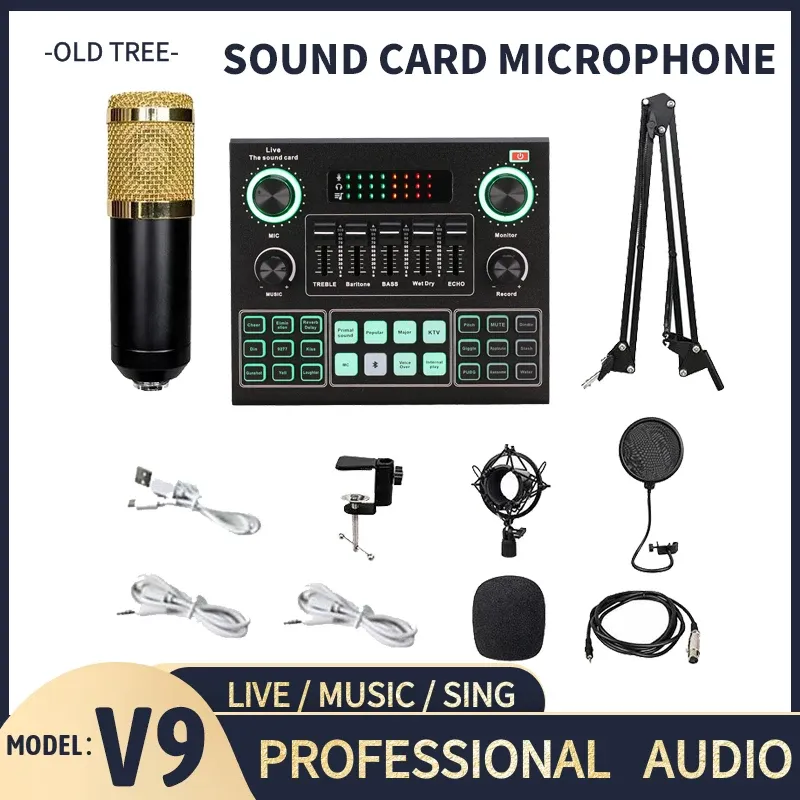 Microphones Hot Selling V9 Sound Carte BM800 Pro Microphone Mixer DJ DJ Mic Stand Condenser USB Karaoke KTV Professional Recording Live