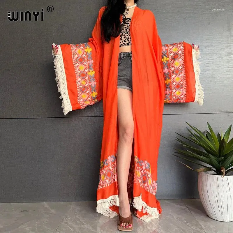 High Quality Ethnic Embroidered Fringed Long Dress Boho Beach Holiday Cover Ups For Swimwear Women Africa Kimono