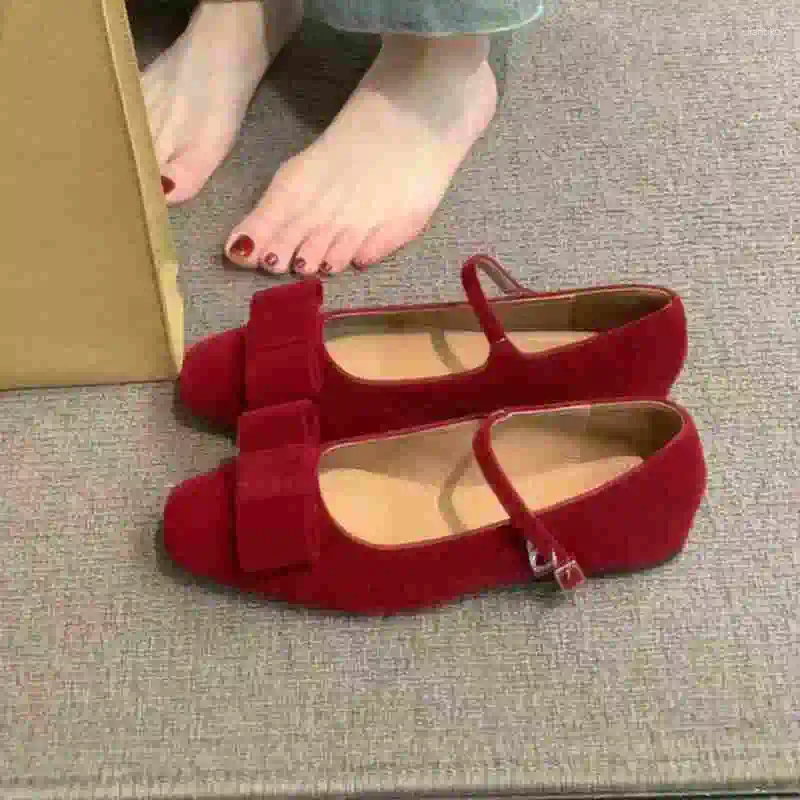 Casual Shoes 2024 Luxury Bowtie Mary Janes Women Square Toe Suede Leather Flats Ballets Lady Red Dance Party Ball Bridal Wedding