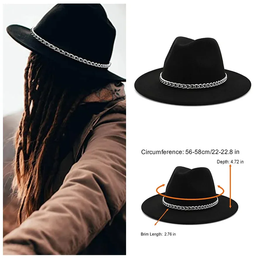 Hommes femmes noires largeur fedora chapeau britannique style trilby fête formel panama cap cowboy automne chapeaux d'hiver en gros 240402