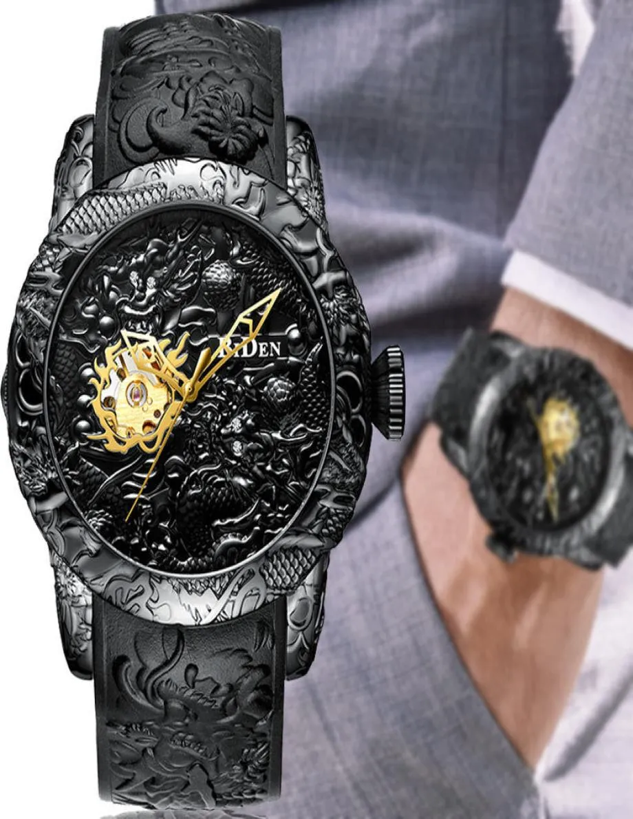 Luxury Black 3D Graved Dragon Automatic Mécanique Mécanique Mentilles Sports imperméables pour les hommes Horloge de poigne autonome Horloge mâle Y193644372