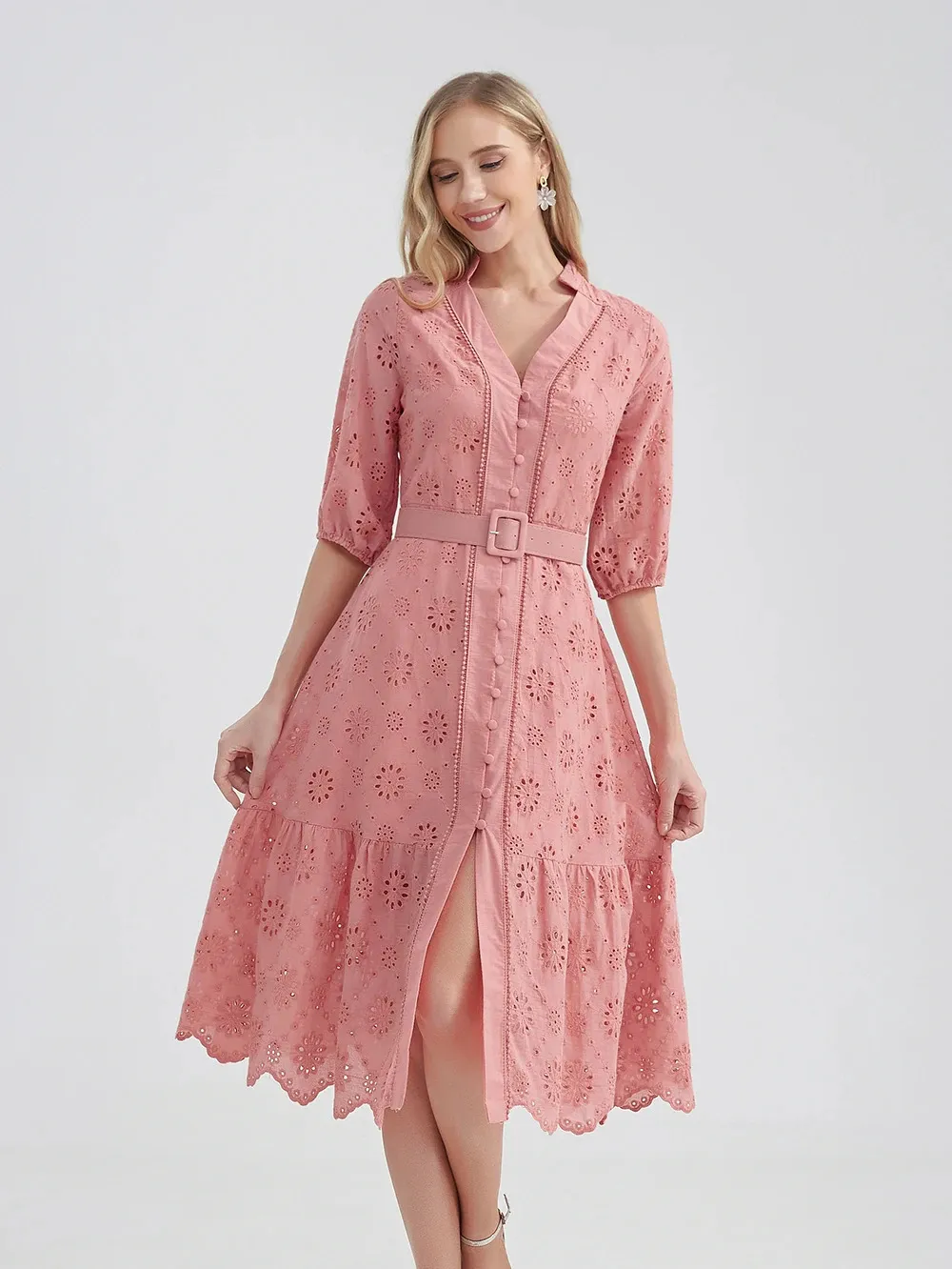 Marwin Cotton Hollow Out Summer Dres Holiday Perppy Casual High midja Ruffled Mini Vneck Dresses Aline Frills Vestido 240408