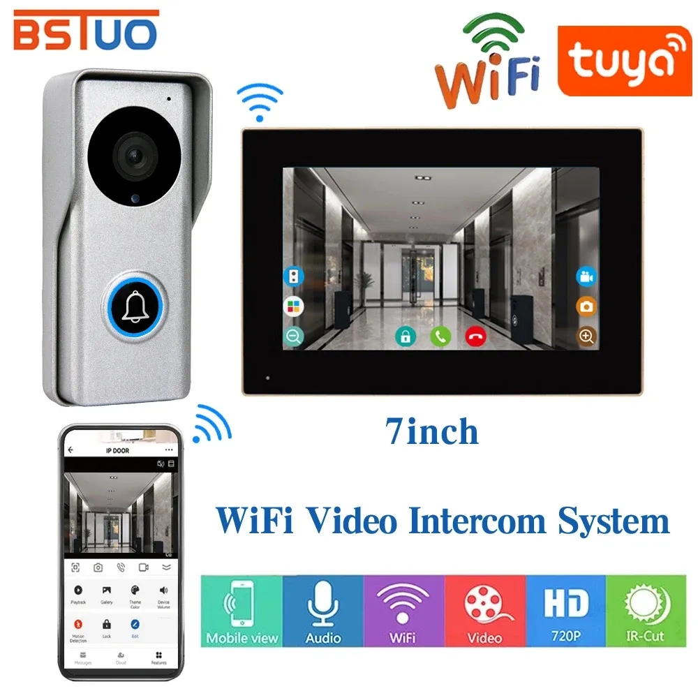 Interphone 2.4 WiFi Tuya Vidéo Kits d'interphone pour la maison Smart Life Videophone avec une caméra HD Appel Video Touch Unlock Monitor House Interphone