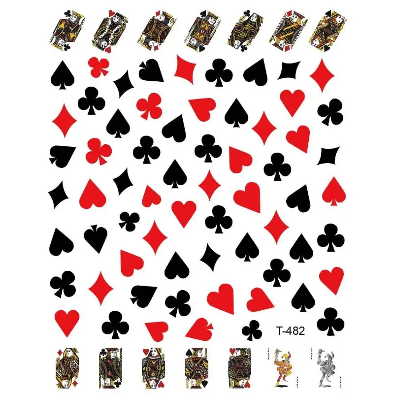 NEU 2024 3D Poker -Spiel Kleber Nagelaufkleber Spielkarten Design Dekorationen Maniküre Buchstaben Herz Slider für Nagelkunstabziehbilder für Poker