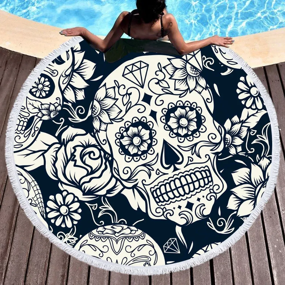 Accessories Adults Yoga Blanket Flower Skull Round Wall Tapestry Microfiber Beach Cover Up Plage Tassel Towels Bath Shawls Thick Camping Mat