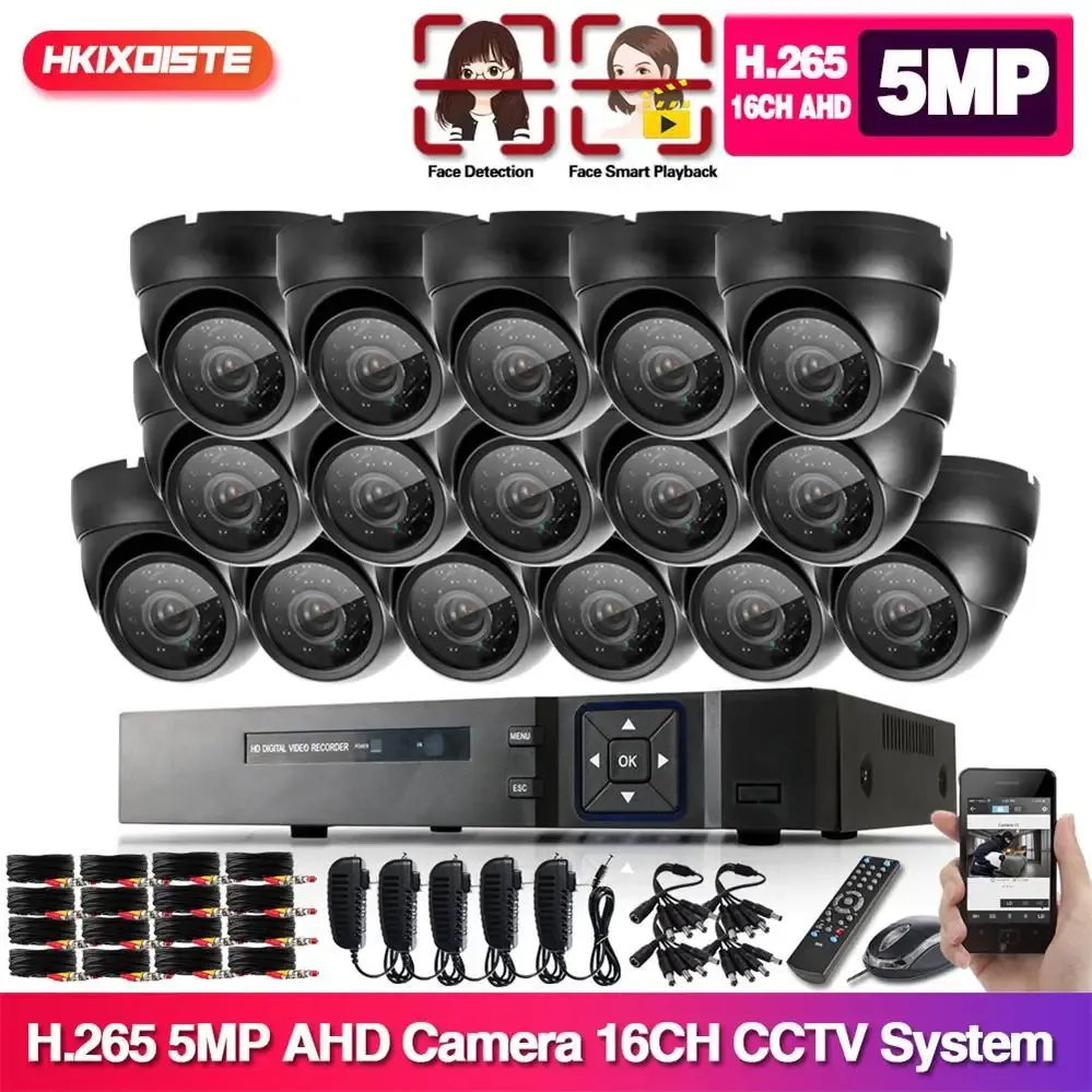 システム5MP AHD CCTVカメラセキュリティシステムキットドーム16CH DVRキット屋外の防水屋内ブラックカメラビデオ監視キットXmeye