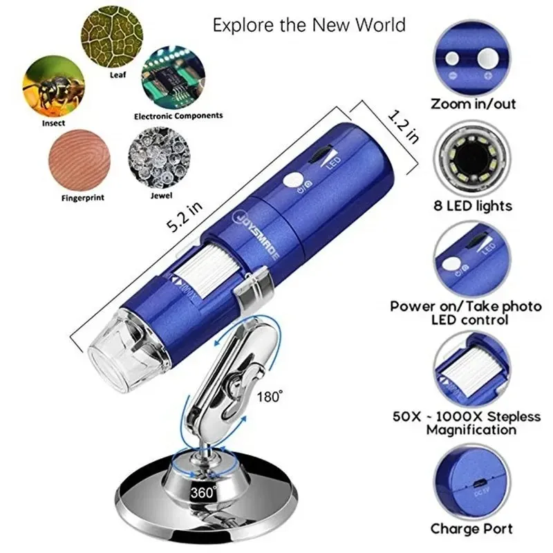 2024 WiFi Elektron Kid Mikroskop Prostoremer 1000x 2 Megapiksel 1000x Video Büyütme 8 LED Işık Handheld Mini Kamera Endoskopu- Çocuklar için Mikroskop