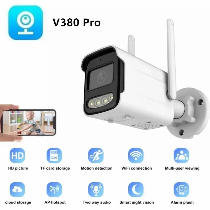 Cameras V380 Pro 1080p 4G / WiFi IP Security Camera Outdoor ColorVu Vision Vision Wireless CCTV Smart Camera 2 voies