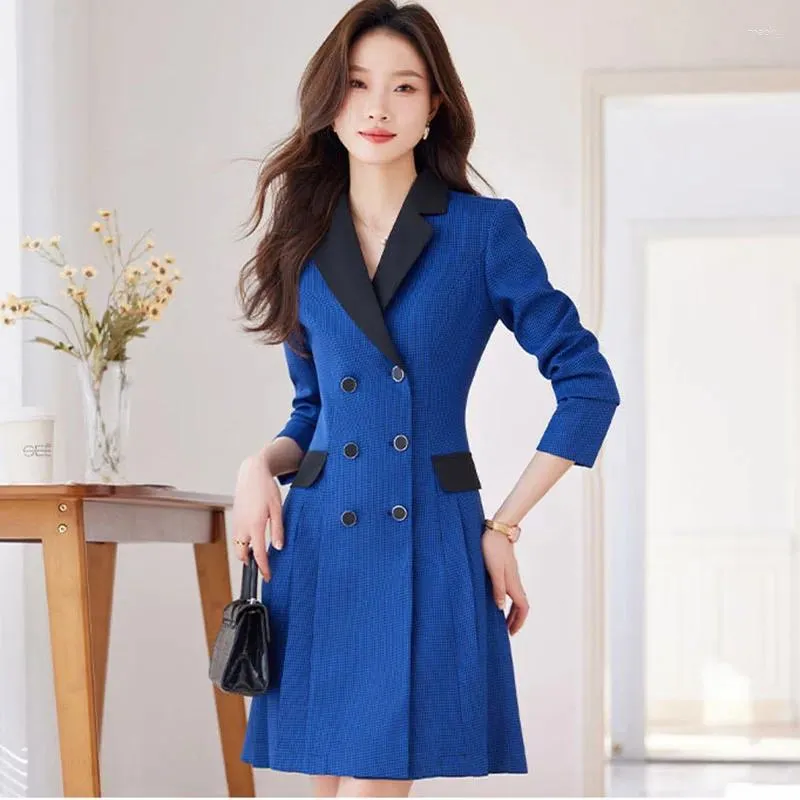 Ternos femininos Meninas Blazer Vestido Blazer Jackets de outono da primavera 2024 TRABALHO DUPLO DUPLO MID LONG LONGIES OFFICIAIS VESTIRATIVOS EXTRIAL