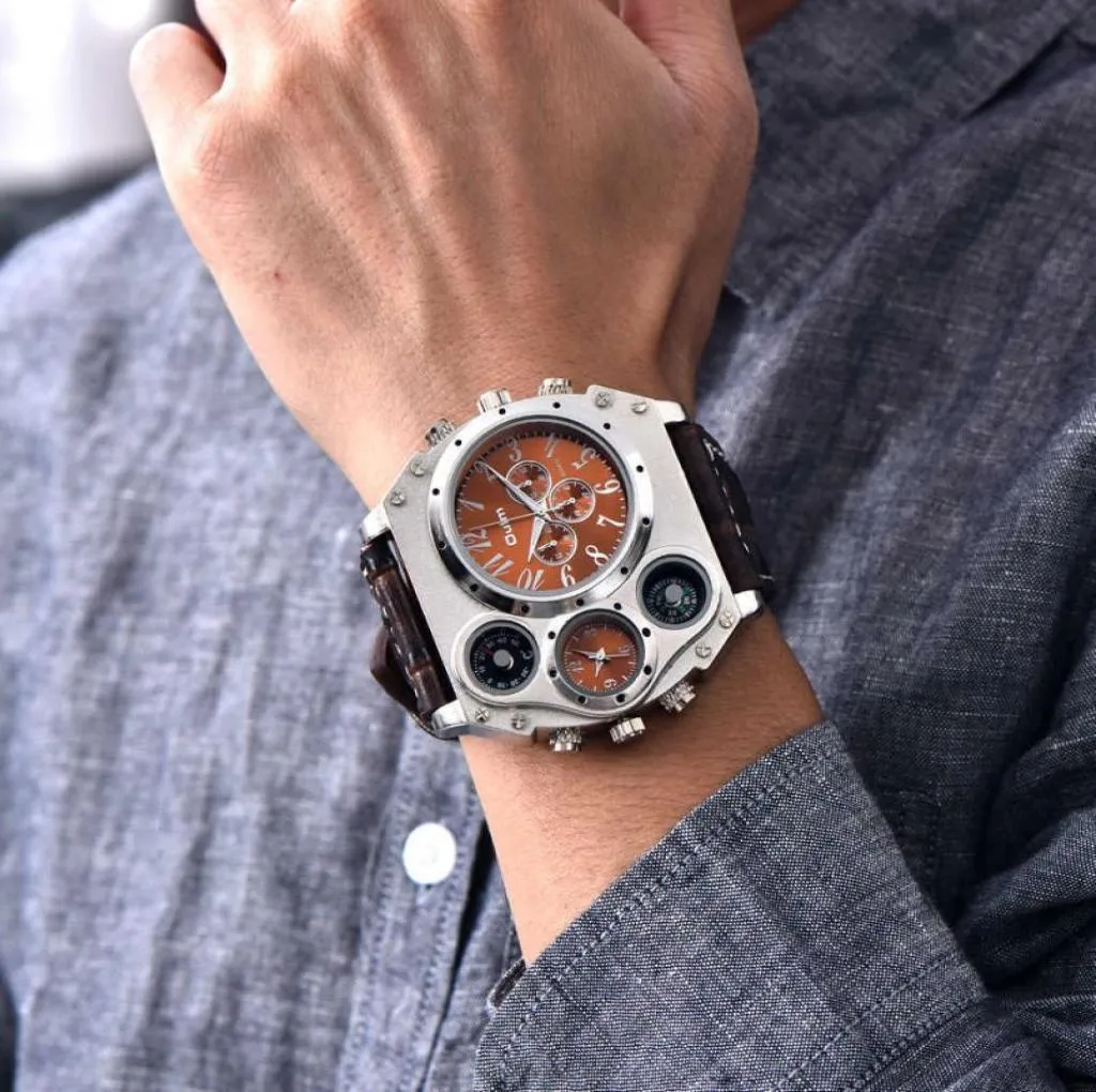 OULM 1349 Sport na świeżym powietrzu zegarki Mężczyźni wielki rozmiar Dwóch strefy czasowej kwarcowy zegar skórzany pasek zegarek męski na rękę G102222338121