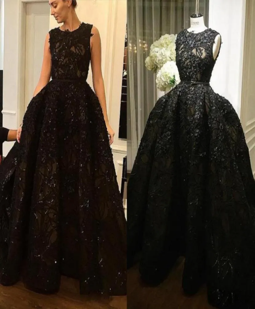 Zuhair Murad Black Evening Gown Sleeveless Full Applique Beads Pomp Applique Beads Depachable 기차 스윕 기차 스팽글 드레스 형식 3279757