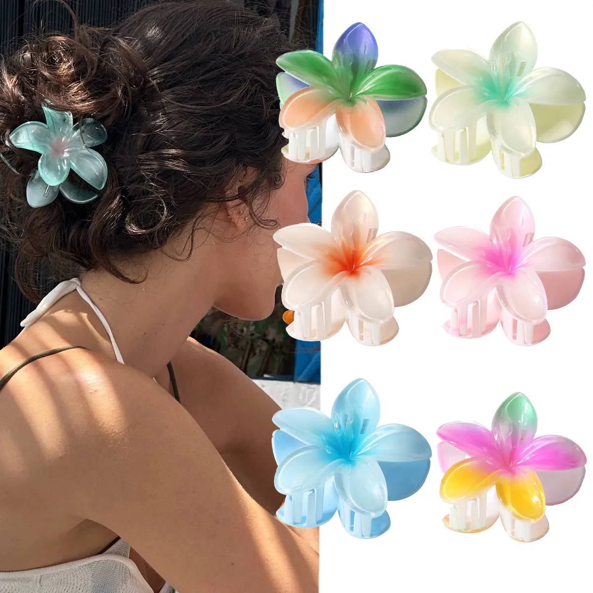 Novo gradiente de chegada Glitter Glitter Color Flor Hairclip Wholesale Sweet Egg Flower Plástico CLIPE HAWAII Praia férias femininas Acessórios para cabelos 014