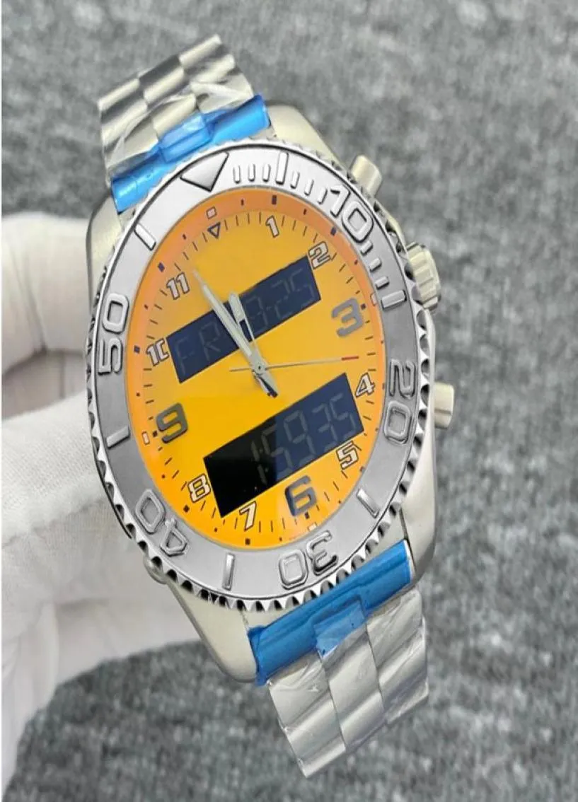 2021 Nya män Titta på Dual Time Zone Electronic Pointer Display Yellow Dial Montre de Luxe Armturer Mens Sport Watches8872956