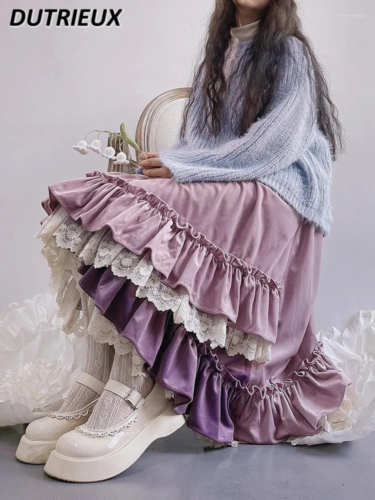 Spódnice jesienne fioletowe oryginalne koronkowe nieregularne huśtawka spódnica średniej długości elastyczna wysoka talia w całości dopasowana zagęszcza dla kobiet
