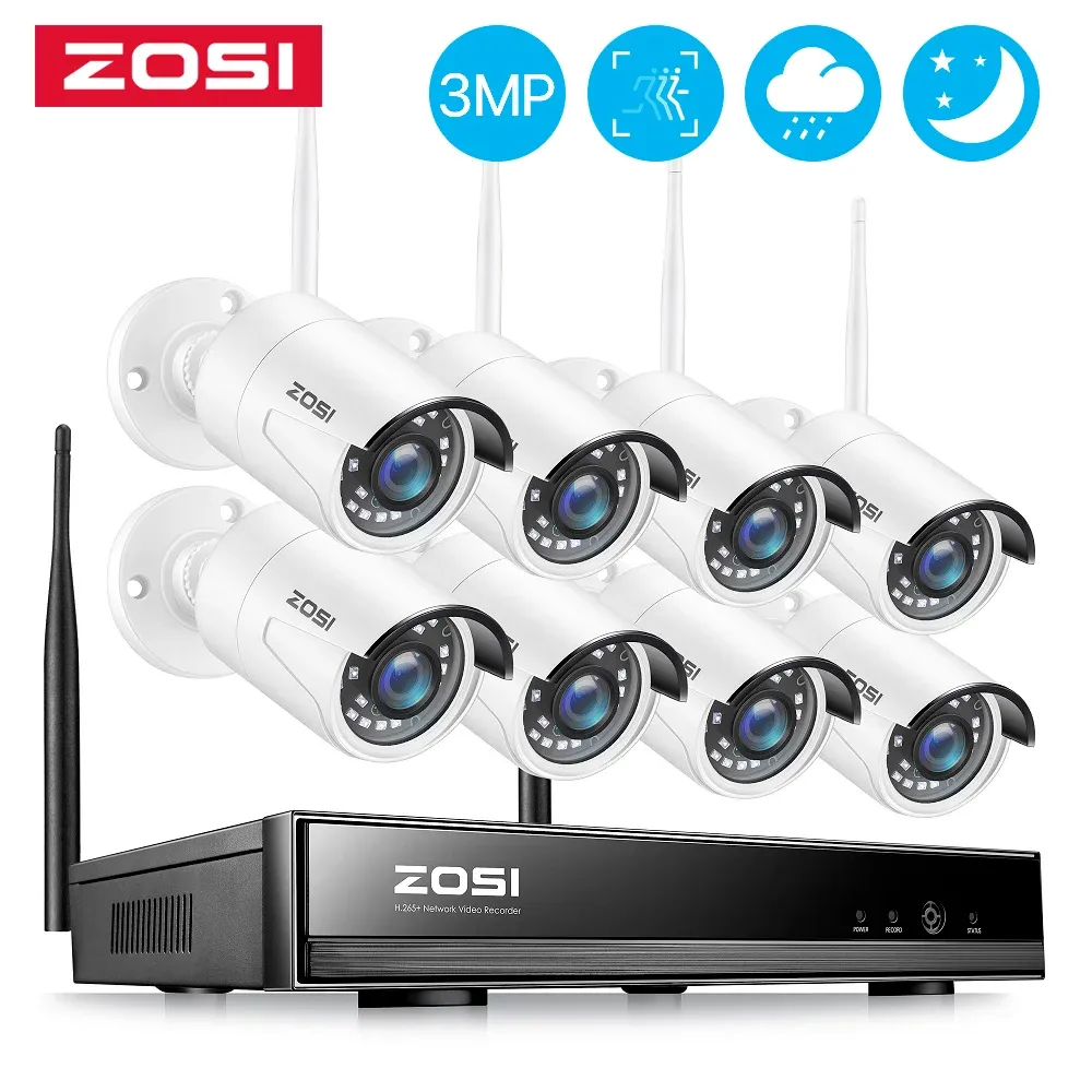 SISTEMA ZOSI 8CH 3MP CCTV wireless Sistema 1536p H.265 NVR Imposta sul kit di videosorveglianza P2P di sicurezza IP WiFi.