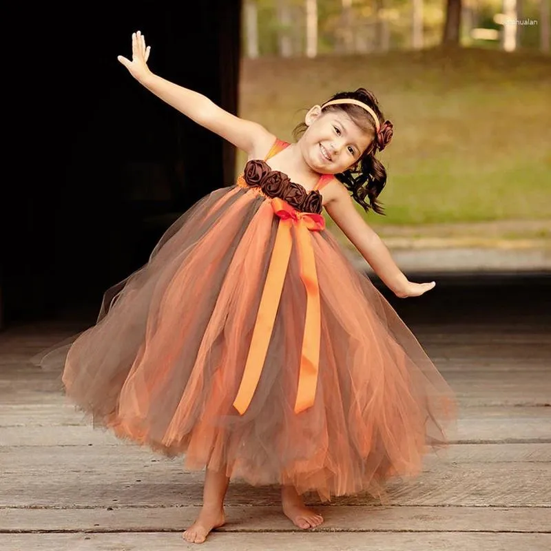 Fille robe fille café orange fleur tutu robe enfants halloween longue robe de bal avec hairbow enfants costume de fête d'anniversaire