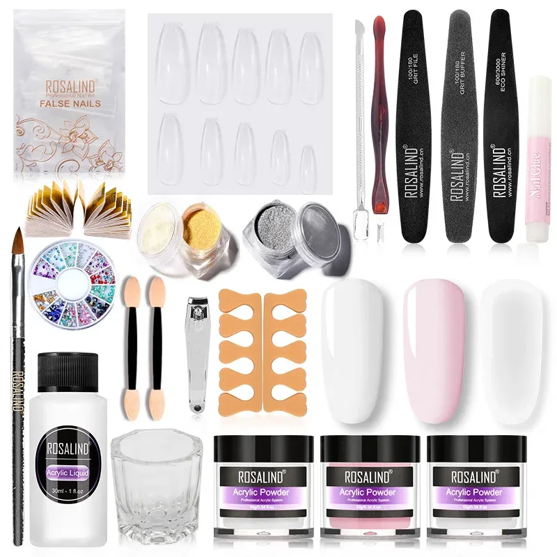 Liquids Rosalind Acrylic Powder Liquid Crystal Glass Set White Clear Acrylic Powder with Brush Professional Nail Art Extension Tool Kit