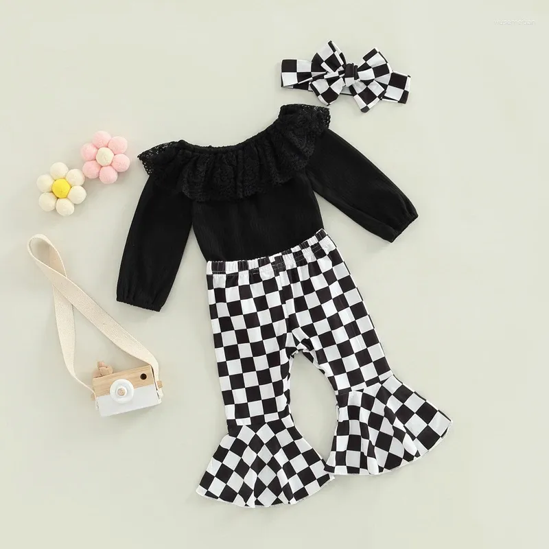 Set di abbigliamento rwybeyw neonati abiti da bambina costole in pizzo frill maniche lunghe pagnotterili a checkerboard a scacchiere svasato pantaloni set di fascia inverno autunno