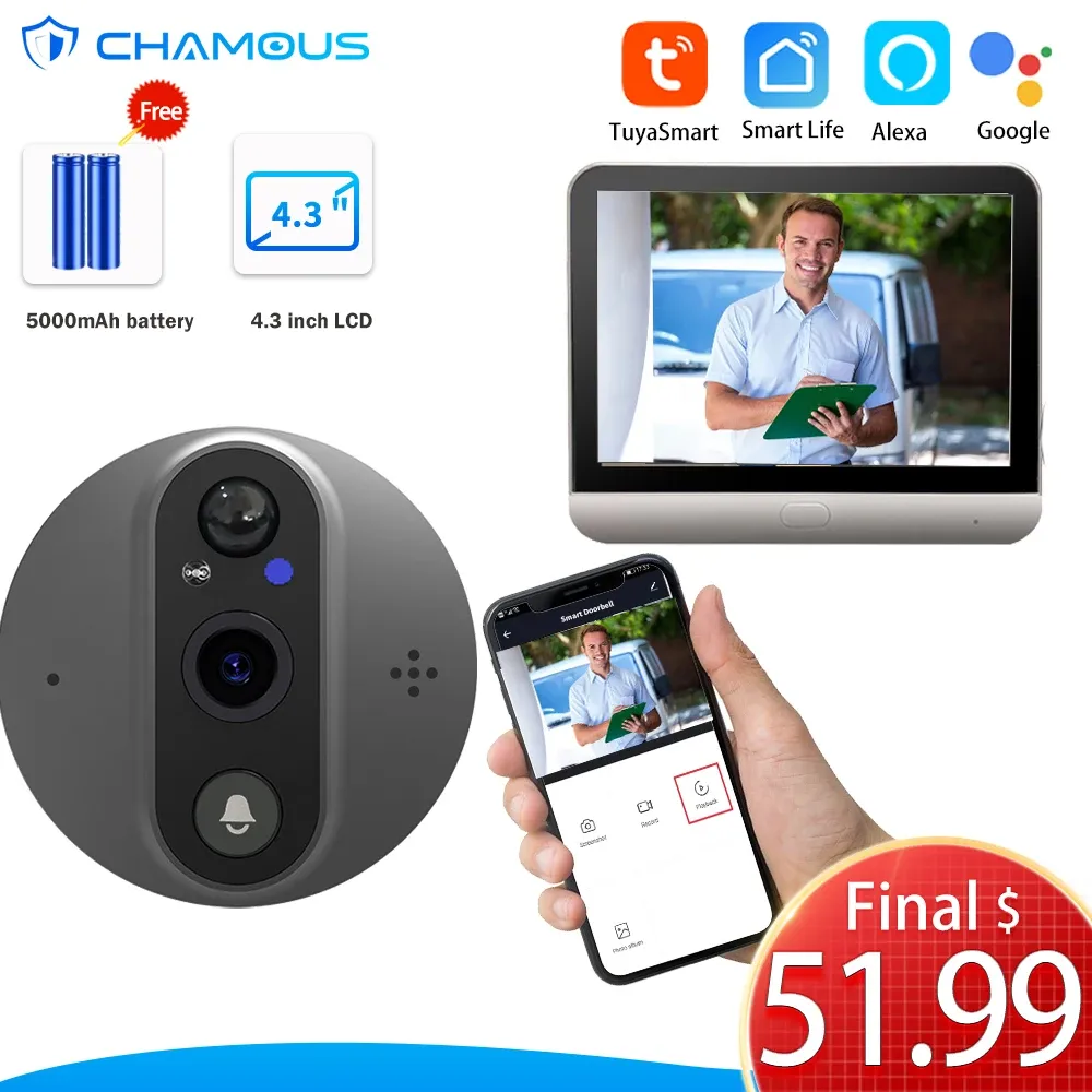 Sonnettes de porte 4,3 pouces Smart Home Tuya Peephole Camera Doorbell 1080p HD WiFi Door Bell Door Viewer Two Way Auido P2P Alexa Video Door Phone