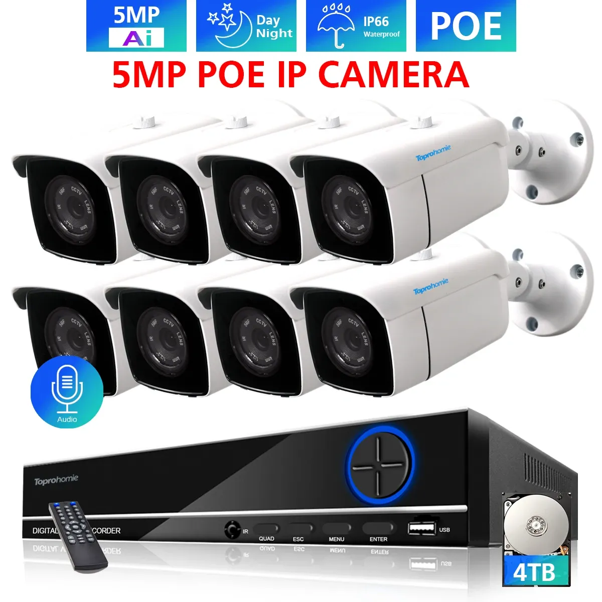 システムToprohomie H.265+ 8CH POE NVRシステムAI 5MPナイトビジョンオーディオレコード防水IPカメラキット8CHセキュリティ監視カメラ